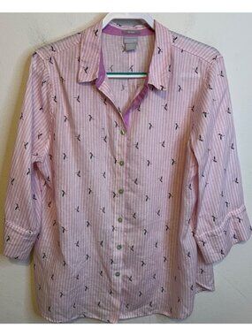 Chico's 100% Linen 3 16 XL Hummingbird 3/4 Sleeve Button Down Blouse Pink Stripe